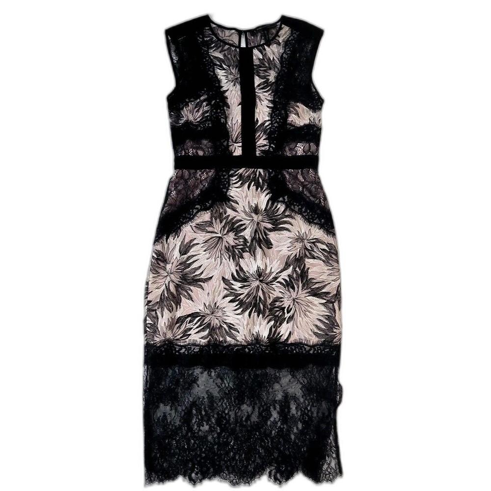 BCBGMAXAZRIA Black Beige Floral Lace Sheath Midi Sleeveless Dress Size 0